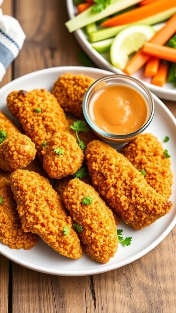 Crispy quinoa chicken tenders on a plate with dipping sauce and fresh vegetables.